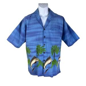 Basix Hawaiian Shirt Mens Large Blue Marlin Palm Tree Tropical Cotton Button Up